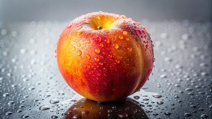 Wall Mural - Ripe fresh peach with water droplets, fresh, fruit, juicy, nutritious, organic, vibrant, colorful, healthy, summer, ripe