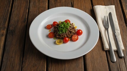 empty melamine plate centered on wood table wide background