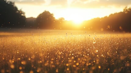 A misty field at sunset, with the last light of the day casting a golden hue over the dewy grasses and distant trees.