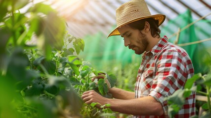 Canvas Print - A young man in a greenhouse