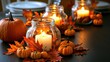 © Suphot - Cozy autumn scene featuring candles, pumpkins, and colorful leaves, perfect for fall decor and seasonal celebrations.