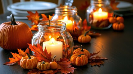 Cozy autumn scene featuring candles, pumpkins, and colorful leaves, perfect for fall decor and seasonal celebrations.