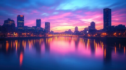 Wall Mural - Serene Urban Glowtime: City Skyline at Dusk Reflecting on Calm River with Glowing Skyscrapers