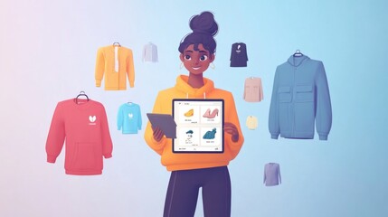 Character Holding Tablet Displaying Fashion Store Interface and Surrounded by Clothes