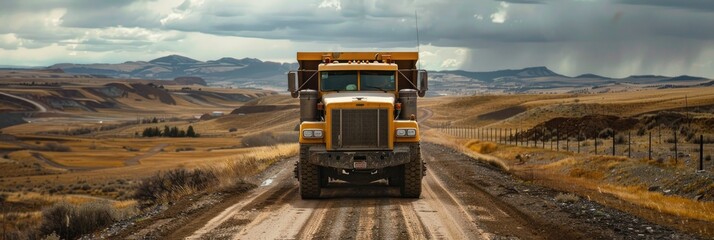 Dump truck traveling along a roadway near a mining site