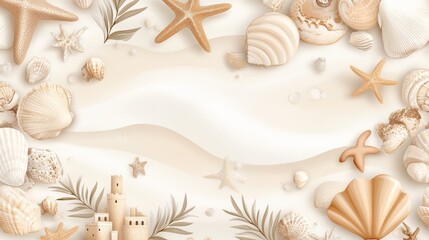 Wall Mural - Summer Beach Background with Seashells  Starfish  Sandcastle and Palm Leaves