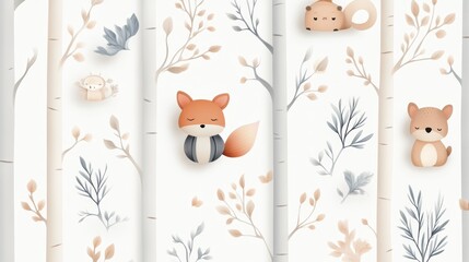 Wall Mural - Cute Animal Watercolor Seamless Pattern   Woodland Nursery Design