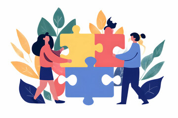 Illustration of two people putting together a puzzle, representing teamwork and collaboration.