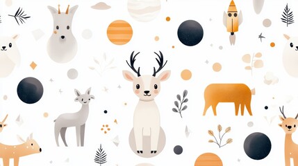 Wall Mural - Cute Deer Animals Cartoon Pattern Seamless Illustration