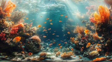 A panoramic view of a bustling underwater reef, with various species of fish, seaweed, and coral creating a lively and colorful environment.