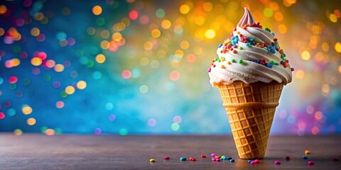 Sticker - Delicious ice cream cone with colorful sprinkles against a vibrant background, ice cream, cone, dessert, sweet, treat