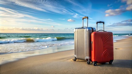 Poster - Two red and gray suitcases on a shore by the sea, travel, vacation, luggage, destination, beach, holiday, adventure