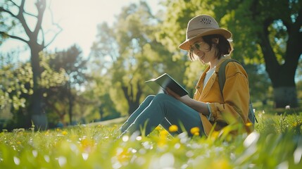 Tech-Savvy Individual Blends Relaxation and Digital Productivity in Vibrant Park Setting