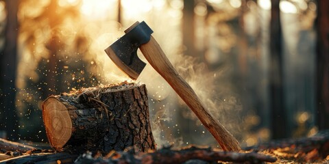 Wall Mural - Axe Positioned on Wood, Prepared for Cutting Logs