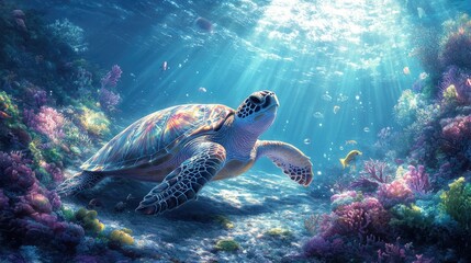 Wall Mural - A peaceful underwater scene with a sea turtle resting on the ocean floor, surrounded by a diverse array of marine flora and fauna.