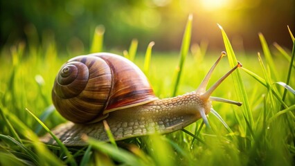 A close-up of a snail slowly moving across the lush green grass, snail, grass, slow, movement, nature, wildlife, garden