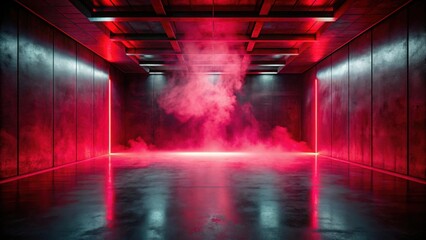 Poster - Dark empty room with neon red light and smoke on concrete floor, empty, scene, background, room, dark, neon, red light