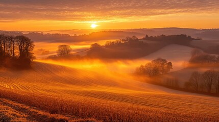 Wall Mural - A picturesque sunrise over a rolling countryside, with golden light illuminating the fields and a soft mist rising from the ground.