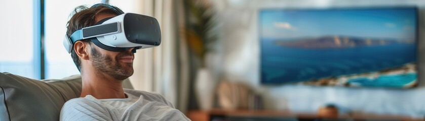 Man enjoying a virtual reality experience, immersed in a digital world while relaxing at home. Modern technology lifestyle.