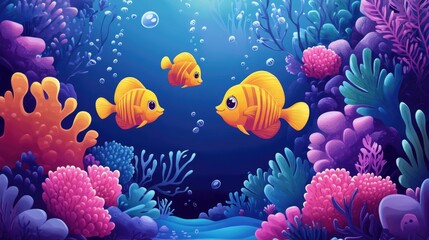 Wall Mural - A playful underwater cartoon scene with colorful fish and coral, perfect for children's designs or playful themes with ample copy space.