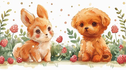 Wall Mural - Gingham seamless vector pattern with kawaii bunny rabbit and dog puppy poodle with summer berries. Tartan check for tablecloths, napkins, clothes, packaging. Cute childish background, pastel palette