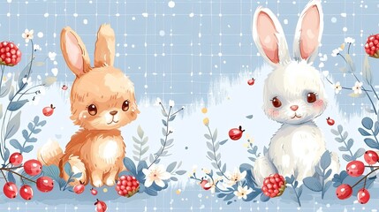 Wall Mural - Gingham seamless vector pattern with kawaii bunny rabbit and dog puppy poodle with summer berries. Tartan check for tablecloths, napkins, clothes, packaging. Cute childish background, pastel palette