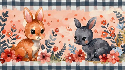 Wall Mural - Gingham seamless vector pattern with kawaii bunny rabbit and dog puppy poodle with summer berries. Tartan check for tablecloths, napkins, clothes, packaging. Cute childish background, pastel palette