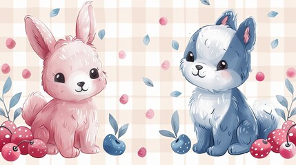 Wall Mural - Gingham seamless vector pattern with kawaii bunny rabbit and dog puppy poodle with summer berries. Tartan check for tablecloths, napkins, clothes, packaging. Cute childish background, pastel palette