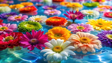 Canvas Print - Colorful flowers floating in clear water, colorful, flowers, water, nature, vibrant, beauty, petals, aquatic