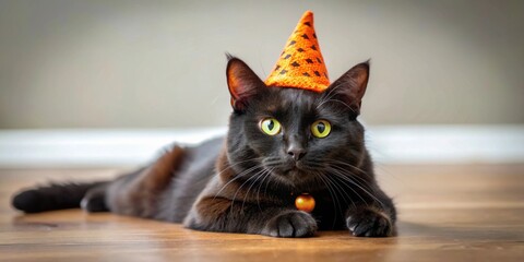 Wall Mural - Black cat wearing a festive Happy Halloween hat lying on the floor, black cat, Halloween, hat, holiday, cute, spooky