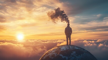 A man standing at the edge of the world, blowing smoke that spreads across the globe, representing global impact