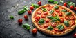 © Sujid - Delicious pizza topped with fresh tomatoes and basil on a black stone table , pizza, tomatoes