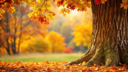 Canvas Print - Autumn leaves surrounding an oak tree trunk with a backdrop, autumn, leaves, oak tree, trunk,backdrop, nature, fall, season