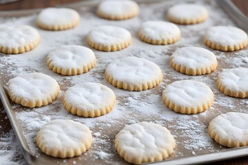 Wall Mural - A tray of buttery shortbread cookies each with a light dusting of powdered sugar, AI Generated