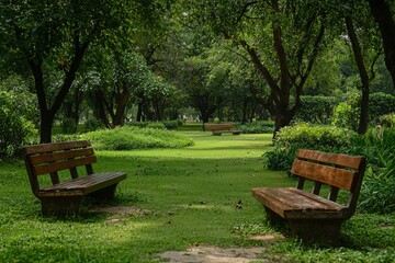 Two Wooden Benches in a Lush Green Park