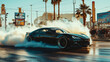 © Uncover4u - Black sports car making donuts in the middle of a crowded Las Vegas strip, surrounded by tall palm trees and bright lights.
