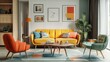 © Pricha.RT - Mid-century Scandinavian living room with vibrant multicolored furniture, creating a lively and stylish interior design.