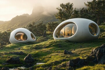 Sticker - Futuristic Dome Homes in a Misty Mountain Landscape