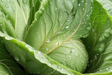 Close-up Fresh cabbage leaves with water drops