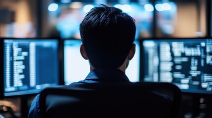 Lone Computer Programmer at Work in a Darkened Office