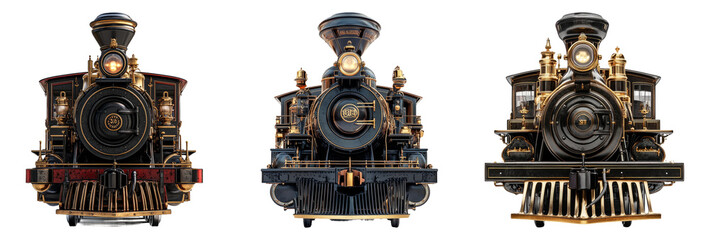 Steam locomotives with intricate designs isolated on transparent background