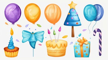 Canvas Print - Bright and colorful party decorations watercolor illustration featuring fun cartoon holiday elements for your next celebration.