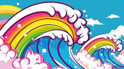 Poster - Vibrant rainbow wave backdrop with colorful hues of blue, yellow, and pink, perfect for summer vibes and beach fun.