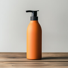 Wall Mural - mock up of matte orange curved shampoo pump bottle on wooden table,white background,Ai generated images