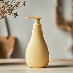 Wall Mural - mock up of matte yellow curved shampoo pump bottle on wooden table,white background,Ai generated images