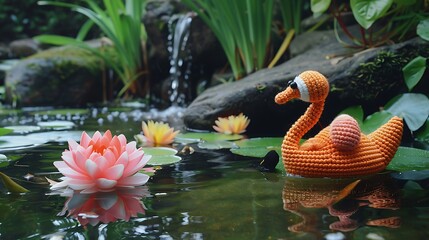 Wall Mural - A peaceful pond with a crochet birdie and an orange swan