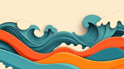 Poster - Explore vibrant paper art with abstract waves, showcasing modern origami designs in a playful cartoon style.