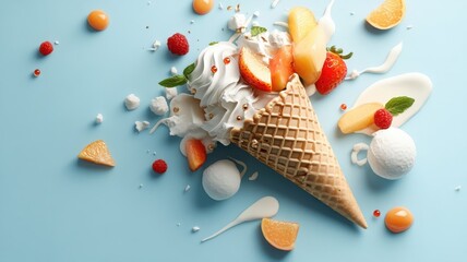 Wall Mural - Stylized illustration of waffle cone with abstract fruit shapes and bold colors.