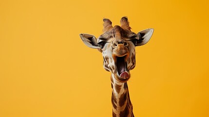 Wall Mural - A pet giraffe looking interested and open mouthed on a yellow background looking shocked and shocked