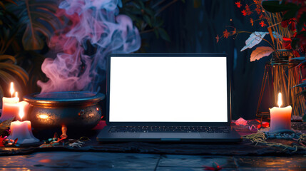 Laptop mockup for website advertising. Happy Halloween. On the table there is a laptop with an empty white screen, burning candles, a bubbling cauldron and a vase with dried flowers